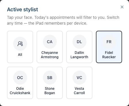 The Active stylist dialog â a grid of stylist tiles, with an All tile for the whole salon