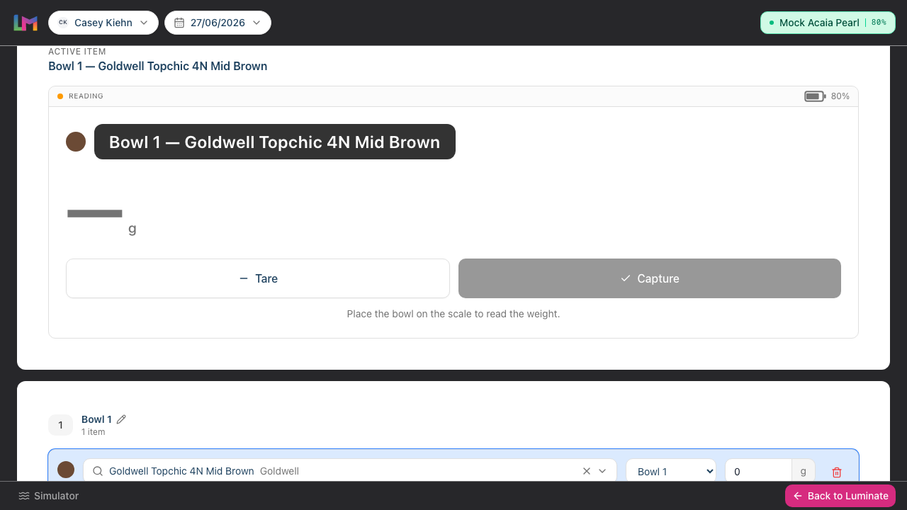 The Colour Bar Edit screen with the formula name field, the live Active item scale card, and the first bowl