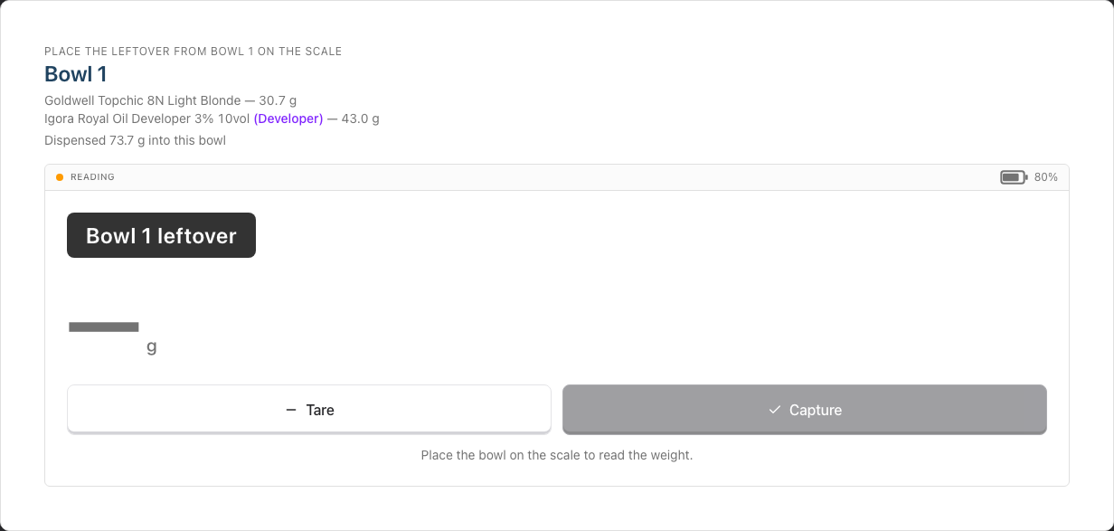 The active bowl card on the Weigh leftovers screen: the prompt to place bowl 1's leftover on the scale, the products mixed into that bowl with their dispensed grams, the bowl's dispensed total, and the live weight card with its Bowl 1 leftover chip, Tare and Capture controls