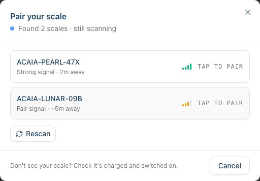 The pairing dialog scanning, with a discovered Acaia scale listed and a