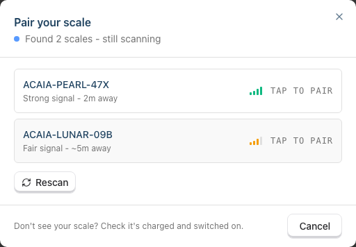 The pairing dialog scanning, with a discovered Acaia scale listed and a 