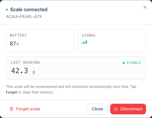 The Scale connected dialog showing battery, signal strength, a live last reading, and the Disconnect and Forget scale buttons