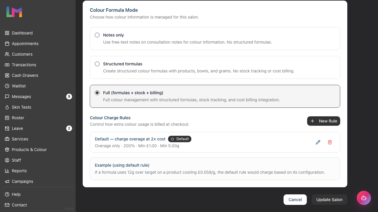 The Colour sub-tab under Services โ Colour, showing the Colour Formula Mode card with the three mode options and, beneath them in Full mode, the Colour Charge Rules list