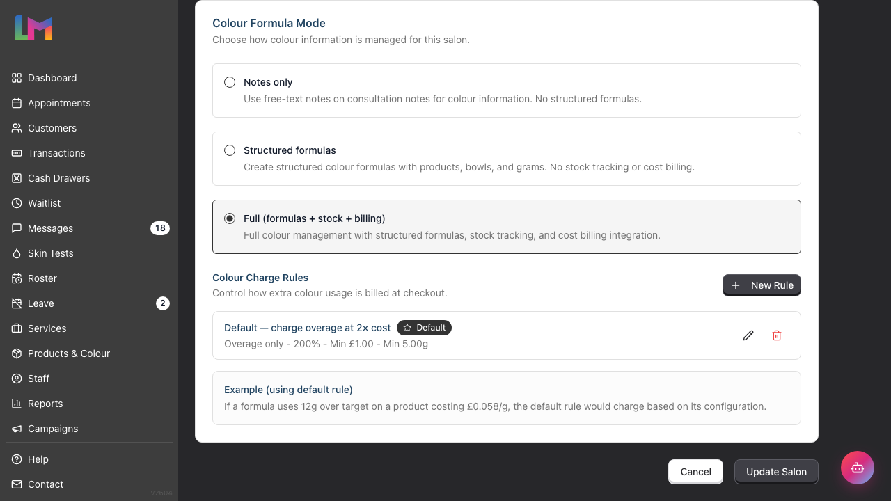 The Colour sub-tab under Services â Colour, showing the Colour Formula Mode card with the three mode options and, beneath them in Full mode, the Colour Charge Rules list
