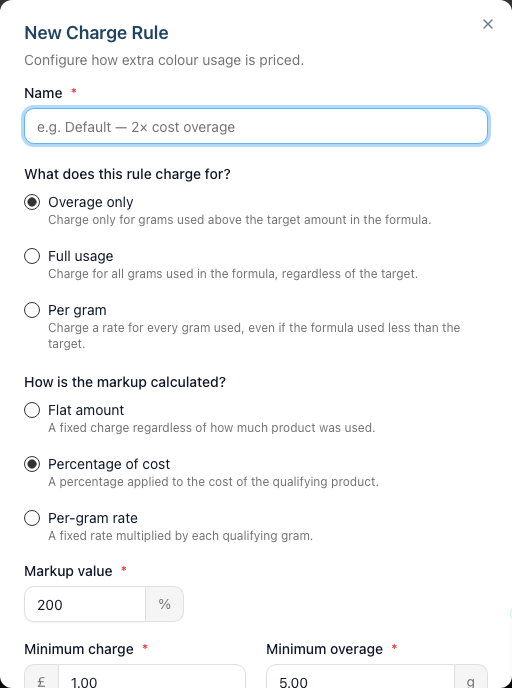 The New Charge Rule dialog showing the Name field, the