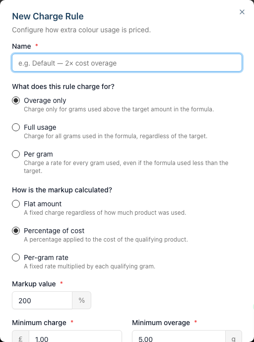 The New Charge Rule dialog showing the Name field, the