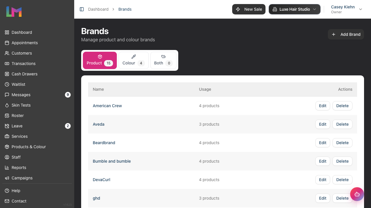 The Brands page showing the Product, Colour and Both tabs with a table of brands and their usage counts