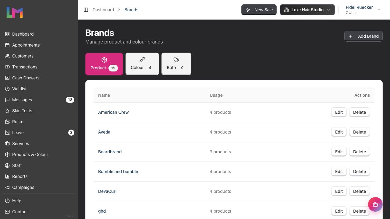 The Brands page showing the Product, Colour and Both tabs with a table of brands and their usage counts