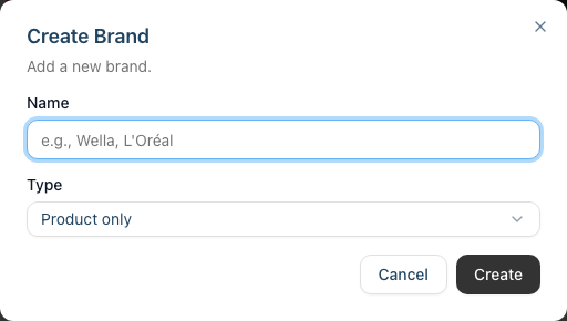 The Create Brand dialog with a Name field and a Type dropdown offering Product only, Colour only, and Both products and colour