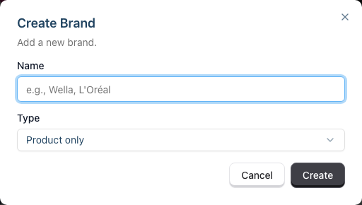 The Create Brand dialog with a Name field and a Type dropdown offering Product only, Colour only, and Both products and colour