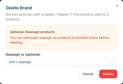 The Delete Brand dialog naming the product count, with an optional