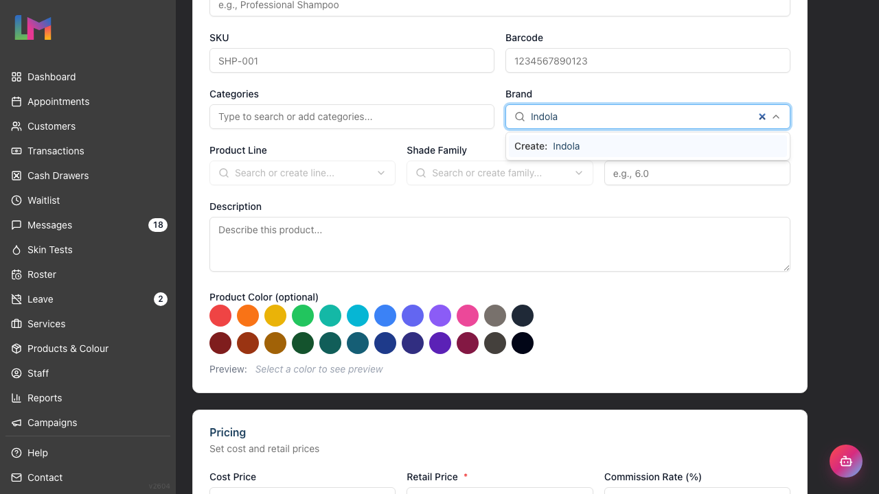 The Brand field on the product form with a new name typed in and the Create: option shown directly below it