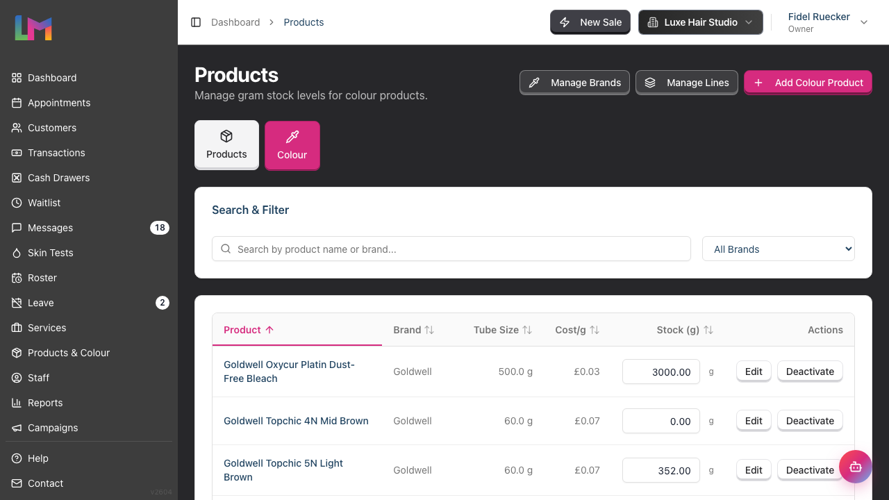 The Colour tab on the Products page, showing the gram-tracked colour catalogue with Product, Brand, Tube Size, Cost/g and Stock columns