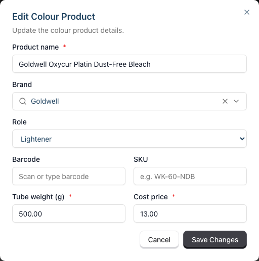 The Edit Colour Product dialog, pre-filled with the product's name, brand, role, barcode, SKU, tube weight and cost price