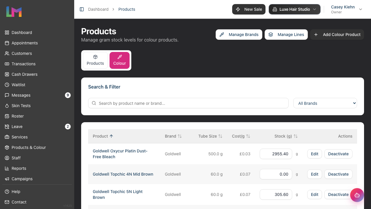 The Colour tab on the Products page, showing each colour product with its Product, Brand, Tube Size, Cost/g and editable Stock (g) columns
