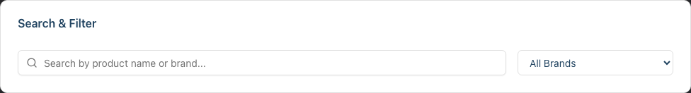 The Search & Filter card above the colour table, with a search box and an All Brands dropdown for narrowing the list to one brand