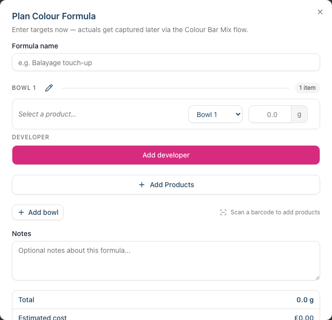 The Plan Colour Formula dialog โ an empty Bowl 1 with the Add Products button, Add bowl control, totals panel and the Save plan action