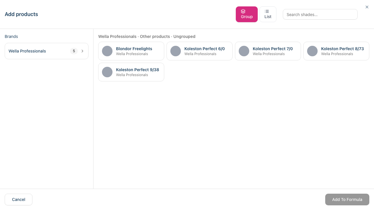 The full-screen catalogue picker โ a Brand / Line / Shade Family nav column on the left, a grid of tappable shade tiles with colour swatches on the right, a Group / List toggle and the Add To Formula action