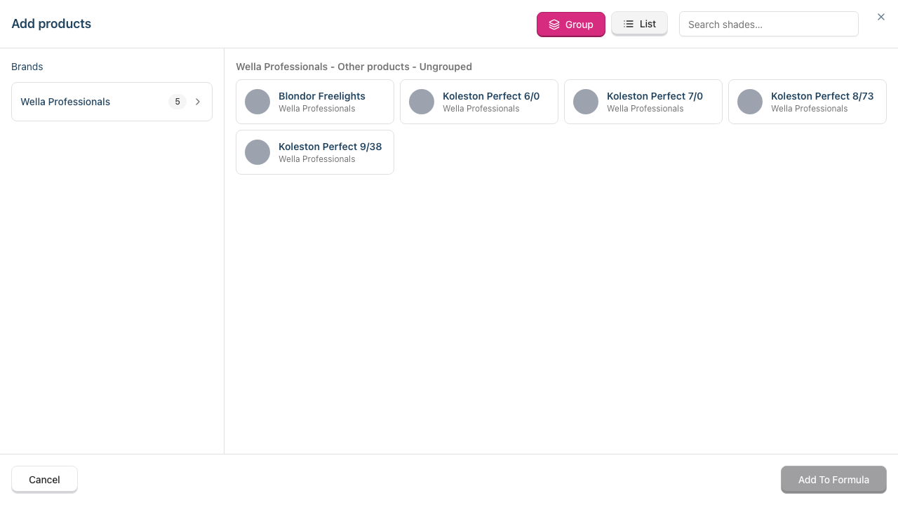 The full-screen catalogue picker â a Brand / Line / Shade Family nav column on the left, a grid of tappable shade tiles with colour swatches on the right, a Group / List toggle and the Add To Formula action