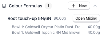 The appointment sidebar's Colour Formulas section expanded, showing the count badge, the New button, and one saved formula with its target total and bowl-by-bowl breakdown