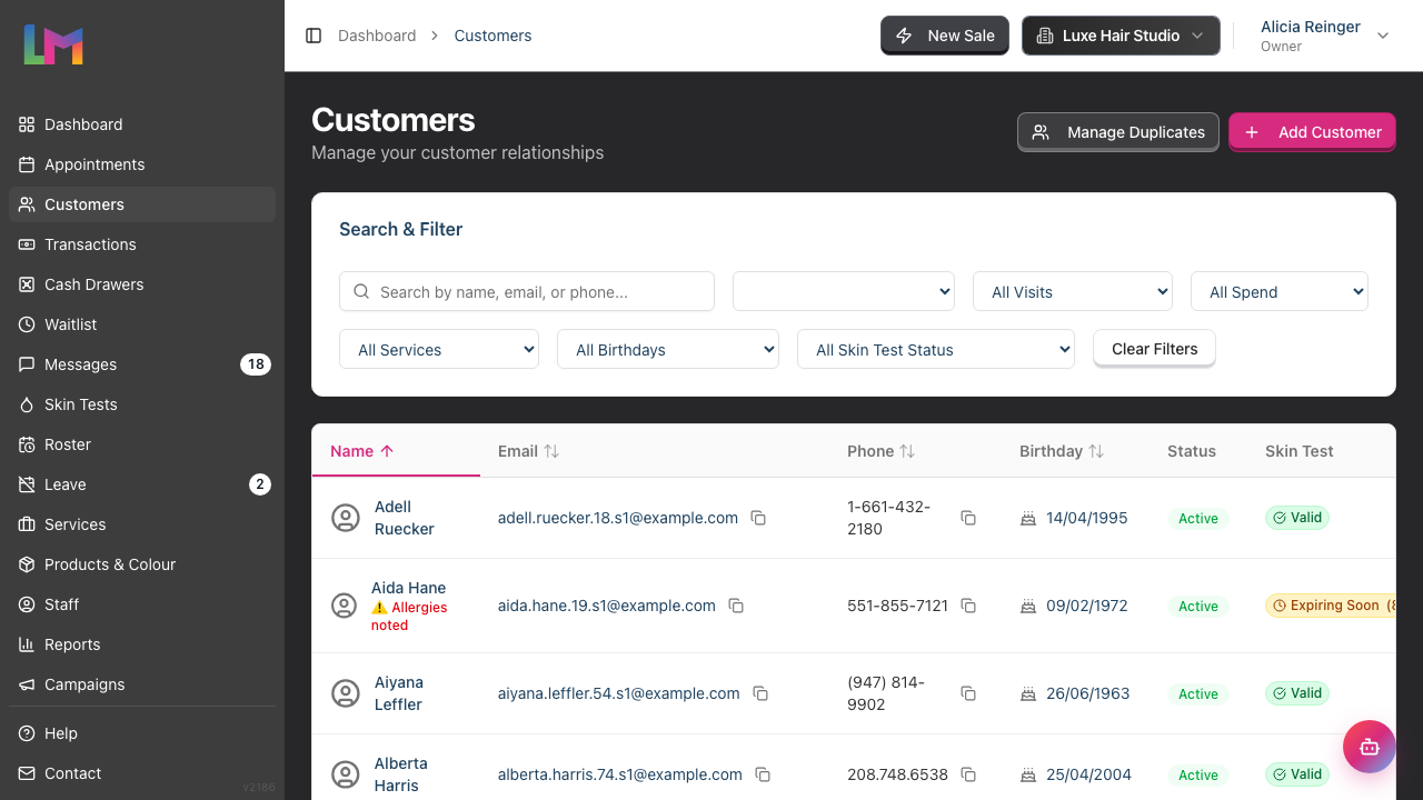 The Customers page listing existing customers, with the Search & Filter card and a table showing name, email, phone, birthday, status and skin test columns.