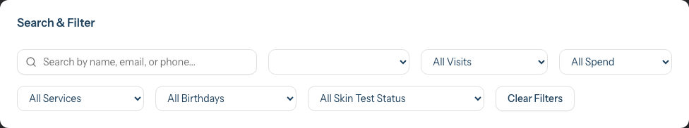 The Search & Filter card on the Customers page, with a search-by-name/email/phone field and status and other filter dropdowns.