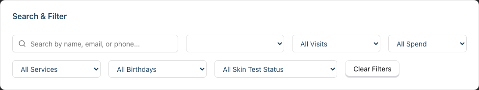 The Search & Filter card on the Customers page, with a search-by-name/email/phone field and status and other filter dropdowns.