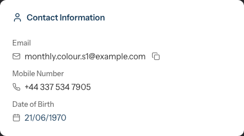 The Contact Information card on a customer's Details tab, showing email, mobile number and date of birth.
