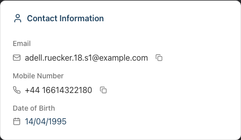 The Contact Information card on a customer's Details tab, showing email, mobile number and date of birth.