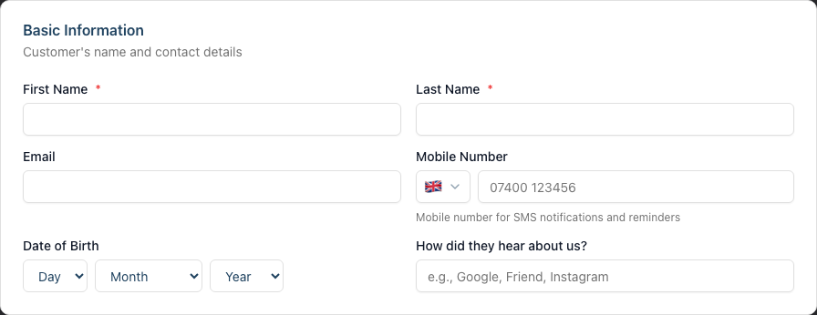 The Basic Information card on the Create Customer form, showing the First Name, Last Name, Email, Mobile Number, Date of Birth and referral fields.