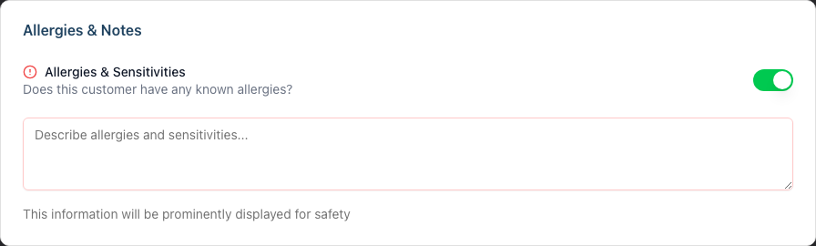 The Allergies and Notes card with the Allergies and Sensitivities switch turned on, revealing the description text area.