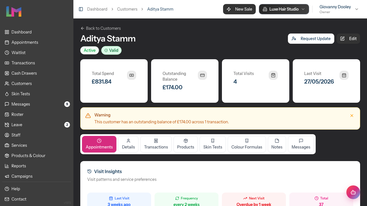 Customer profile showing the four account summary cards, an outstanding balance warning, and the row of profile tabs