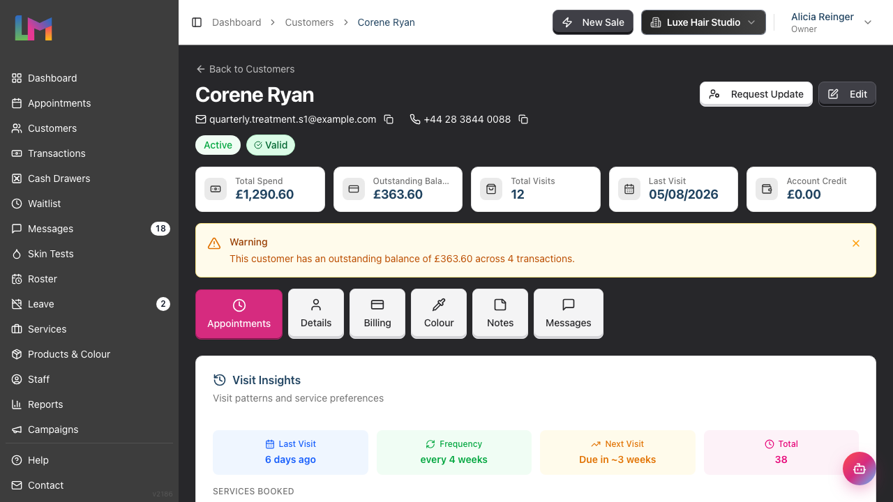 Customer profile showing the five account summary cards, an outstanding balance warning, and the row of profile tabs