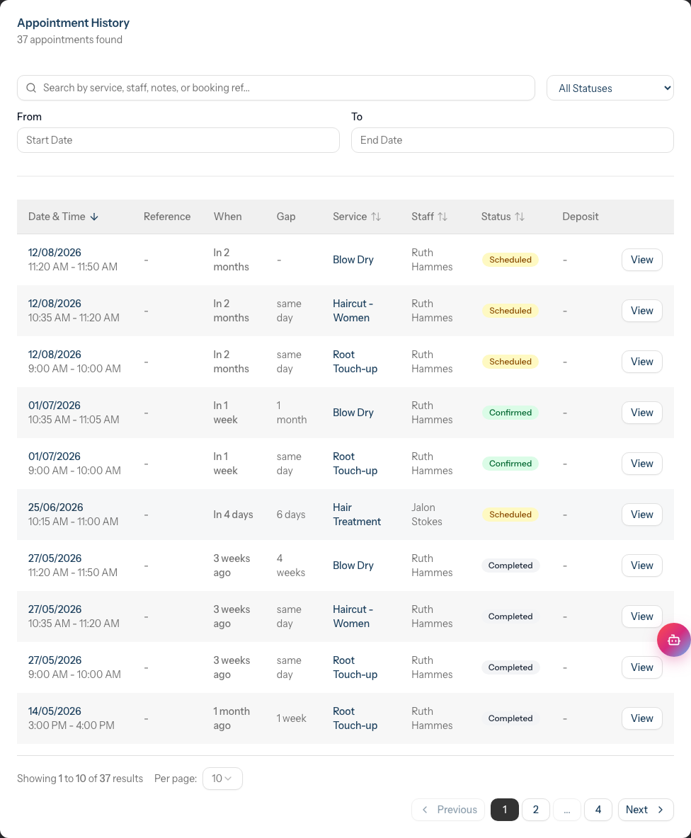 Appointments tab showing Visit Insights, the services-booked badges, and the appointment history table