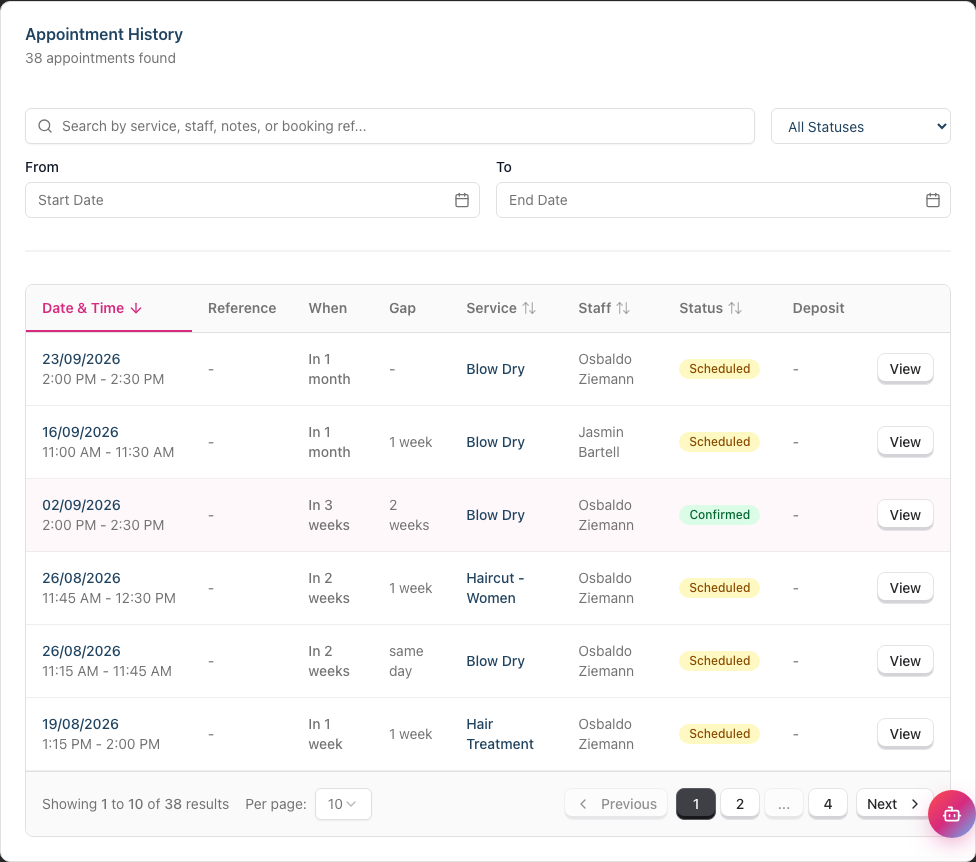 Appointments tab showing Visit Insights, the services-booked badges, and the appointment history table