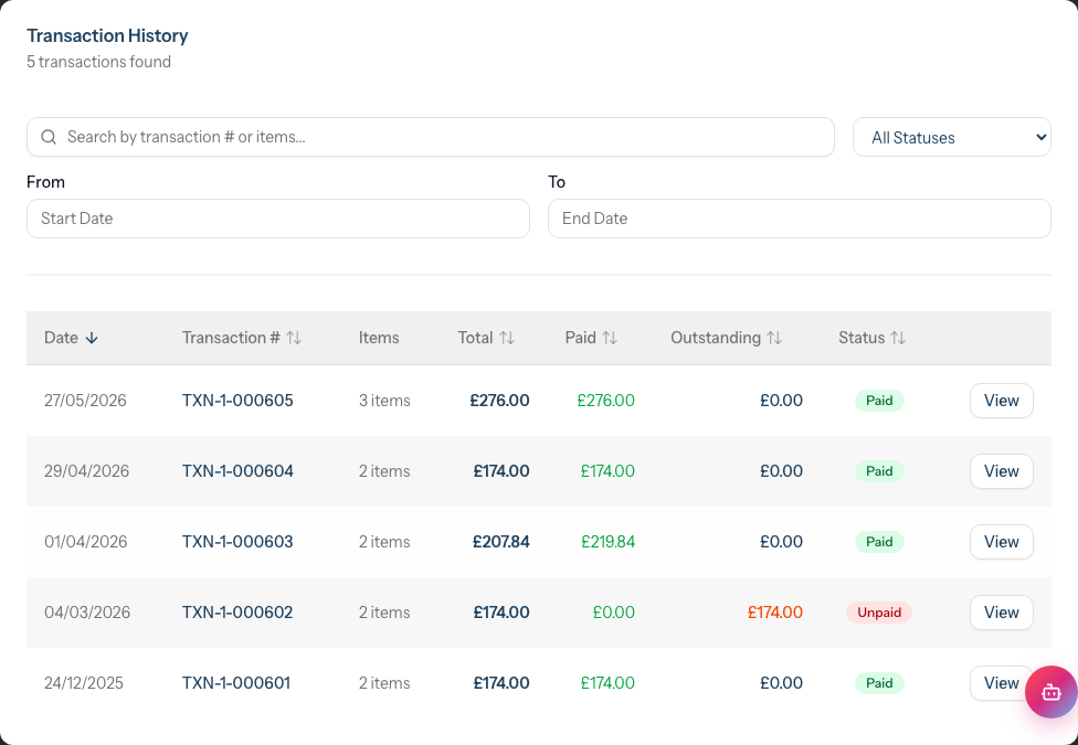 Transactions tab showing the transaction history table with search, payment status filter, and date range