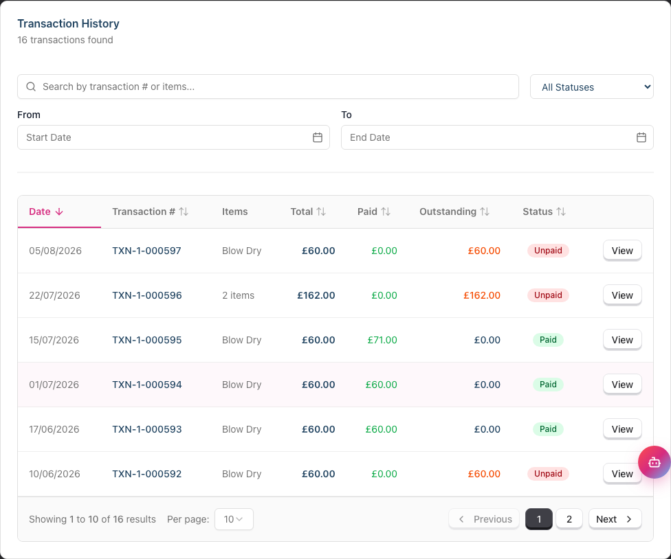 Transactions tab showing the transaction history table with search, payment status filter, and date range