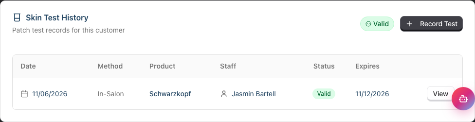 Skin Tests tab showing the Skin Test History table with Date, Method, Product, Staff, Status, and Expires columns