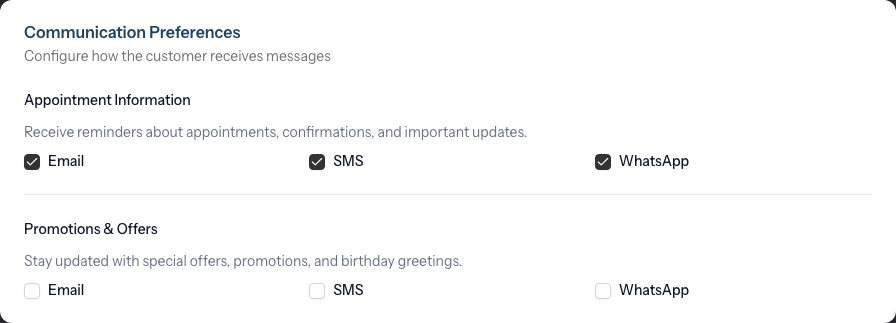 The Communication Preferences card on the customer Edit form, showing the Appointment Information and Promotions & Offers checkbox groups