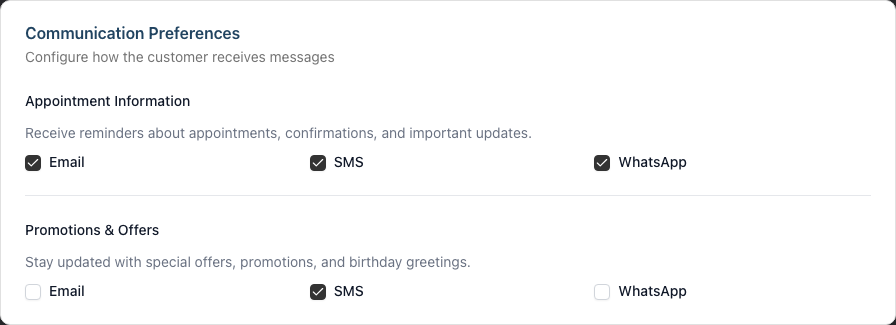 The Communication Preferences card on the customer Edit form, showing the Appointment Information and Promotions & Offers checkbox groups