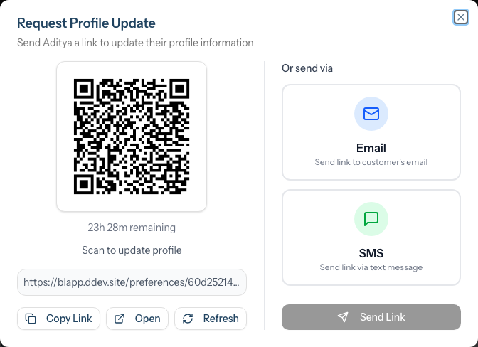 The Request Profile Update modal, showing a QR code on the left and Email/SMS send options on the right