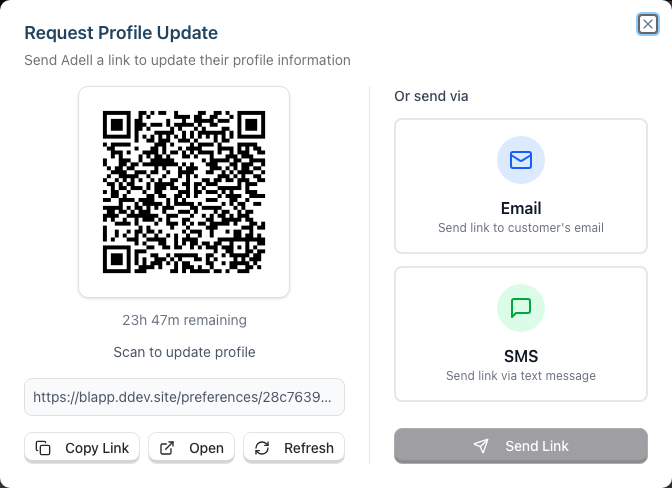 The Request Profile Update modal, showing a QR code on the left and Email/SMS send options on the right