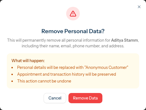 The Remove Personal Data confirmation dialog, listing what will happen before the action is confirmed