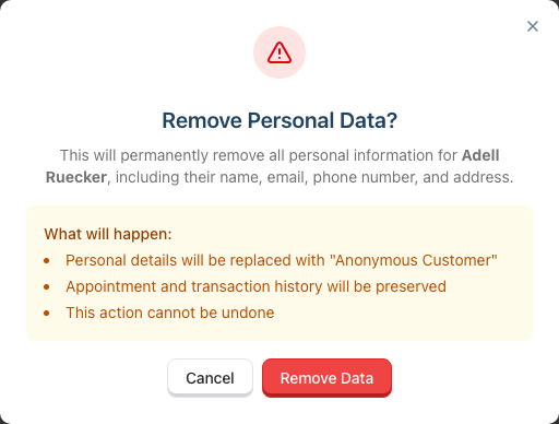 The Remove Personal Data confirmation dialog, listing what will be removed and what will be preserved