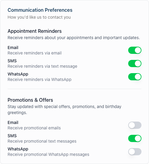 The customer-facing Communication Preferences card on the profile update page, showing the Appointment Reminders and Promotions & Offers toggle groups