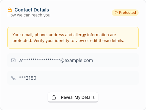 The Contact Details card on the profile update page in its Protected state, showing masked contact details and the Reveal My Details button