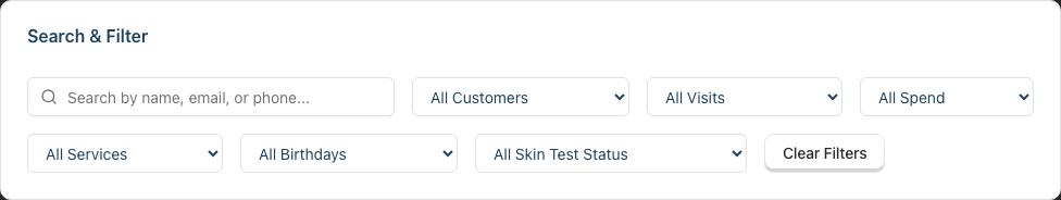 The Search & Filter card on the Customers page, showing the search box alongside the status, visit history, spend, service, birthday, and skin test filter dropdowns