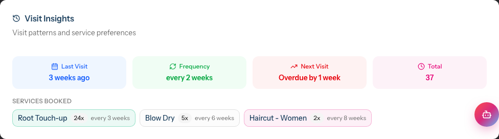 The Visit Insights card on a customer's Appointments tab, showing last visit, frequency, and next visit metrics