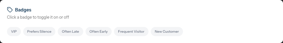 The Badges section on a customer's Details tab, showing the built-in badges ready to toggle
