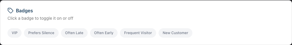 The Badges section on a customer's Details tab, showing the built-in badges ready to toggle